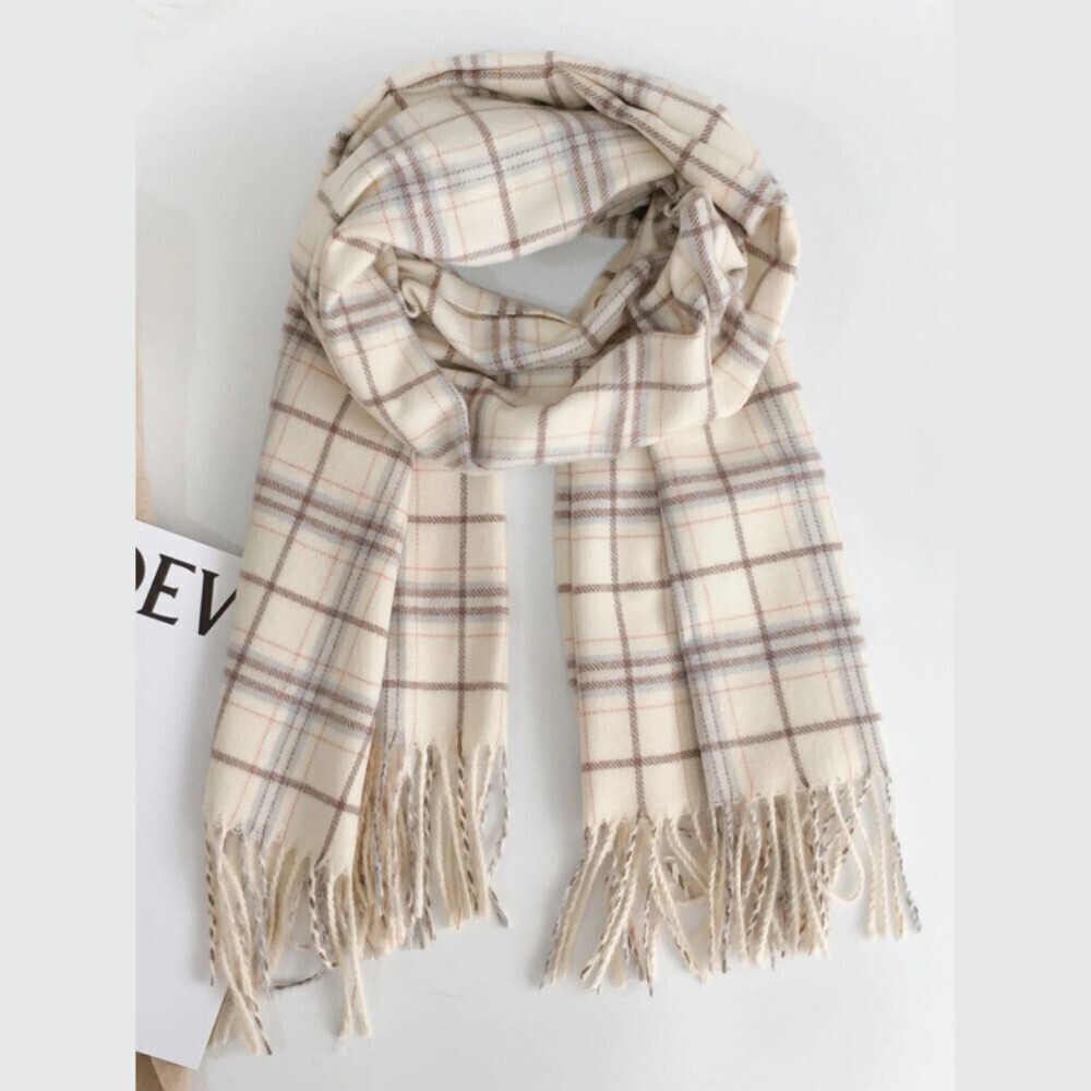 Cream Plaid Fringe Trim Woven Long Winter Scarf